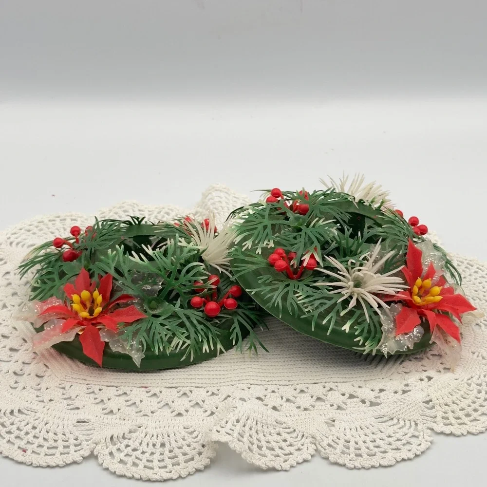 Vintage Christmas Poinsettia Candle Rings‎ Set of 2 Red Green Holiday Decor